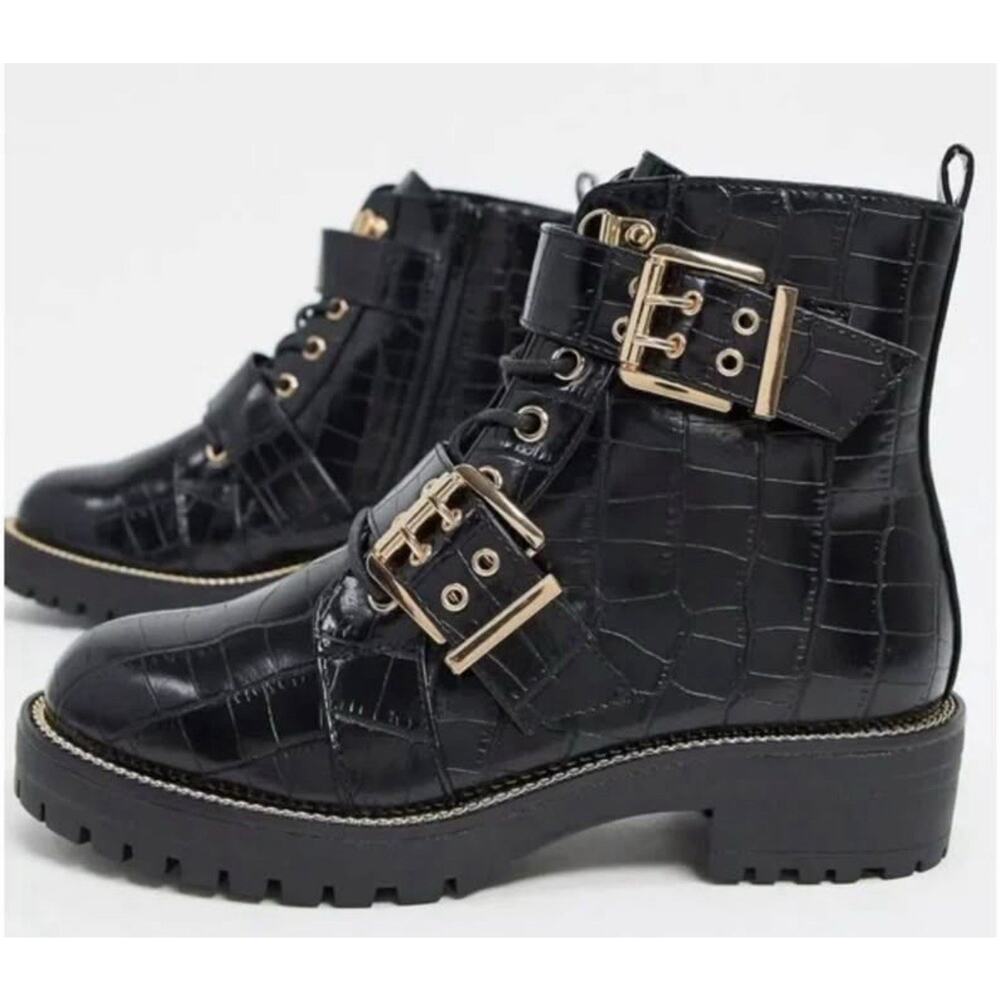 ASOS Womens Ankle Boots | Aubrey Lace Up Buckle | Black Biker Boots | 7W